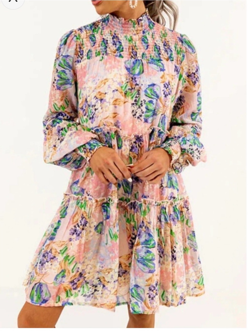 Vestique Pink Multi Floral Smocked Tiered Mini Dress